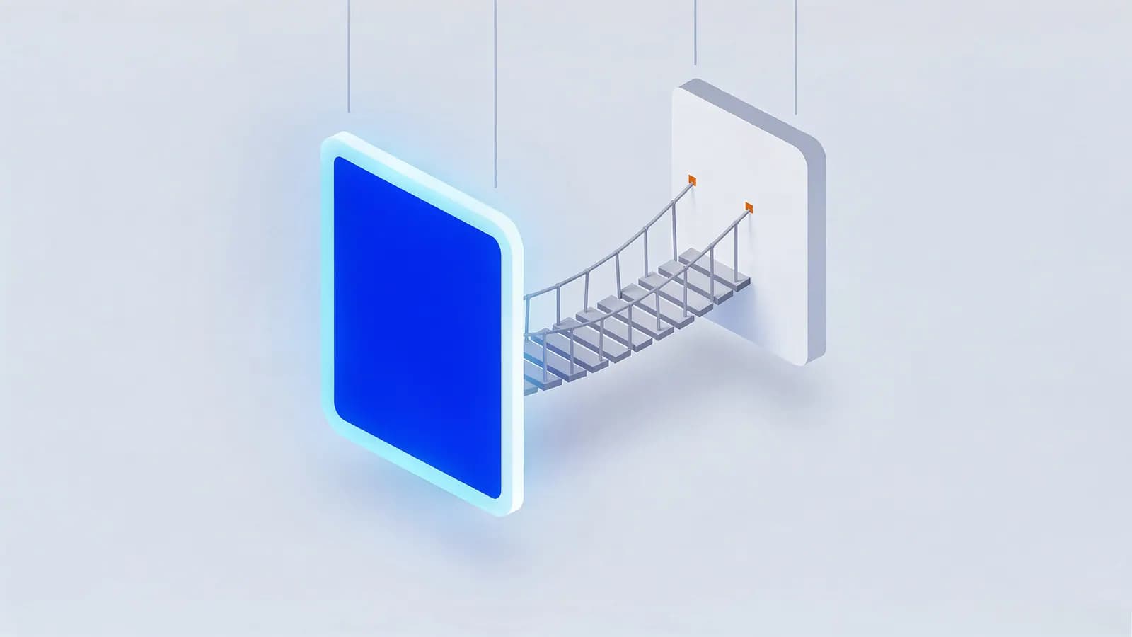 A glowing screen connected by a rope bridge to a white panel, symbolizing a 302 redirect.
