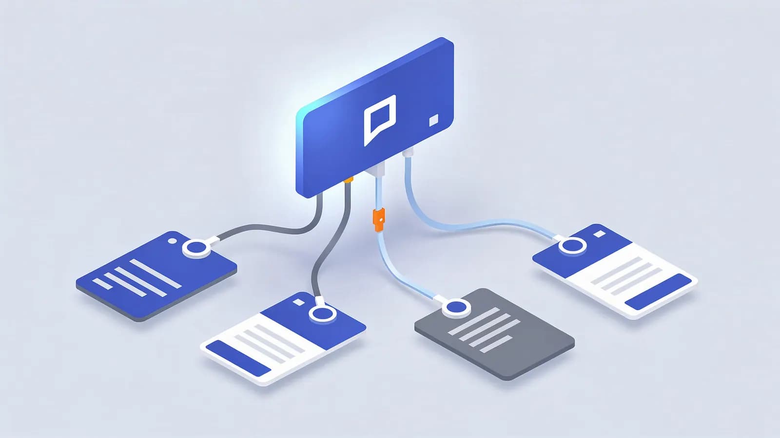 A glowing central module with a chat icon processes data from four connected document cards, representing AI citations.