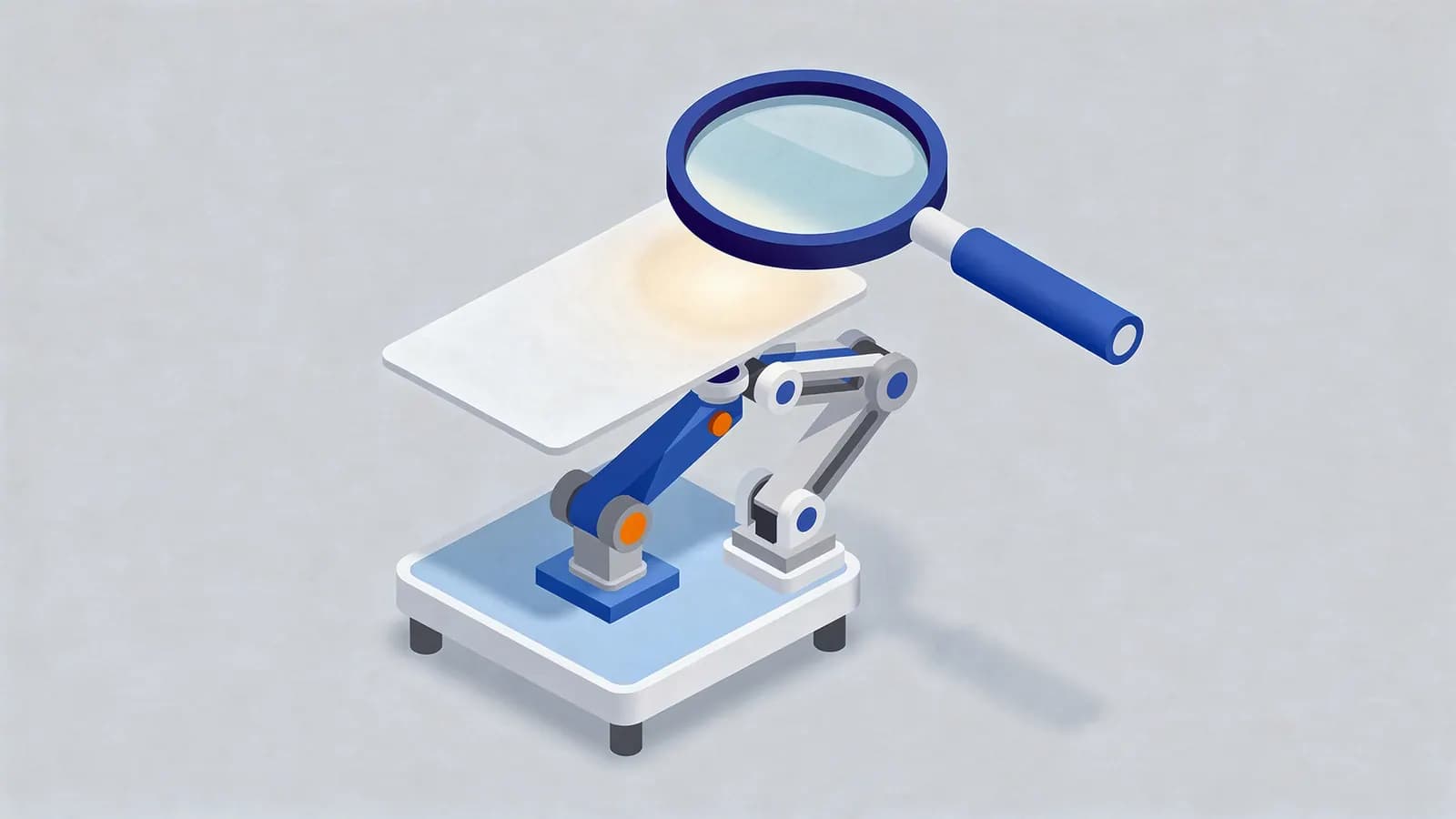 A magnifying glass observes a glowing spot on a platform held by robotic arms, representing AI-generated content.