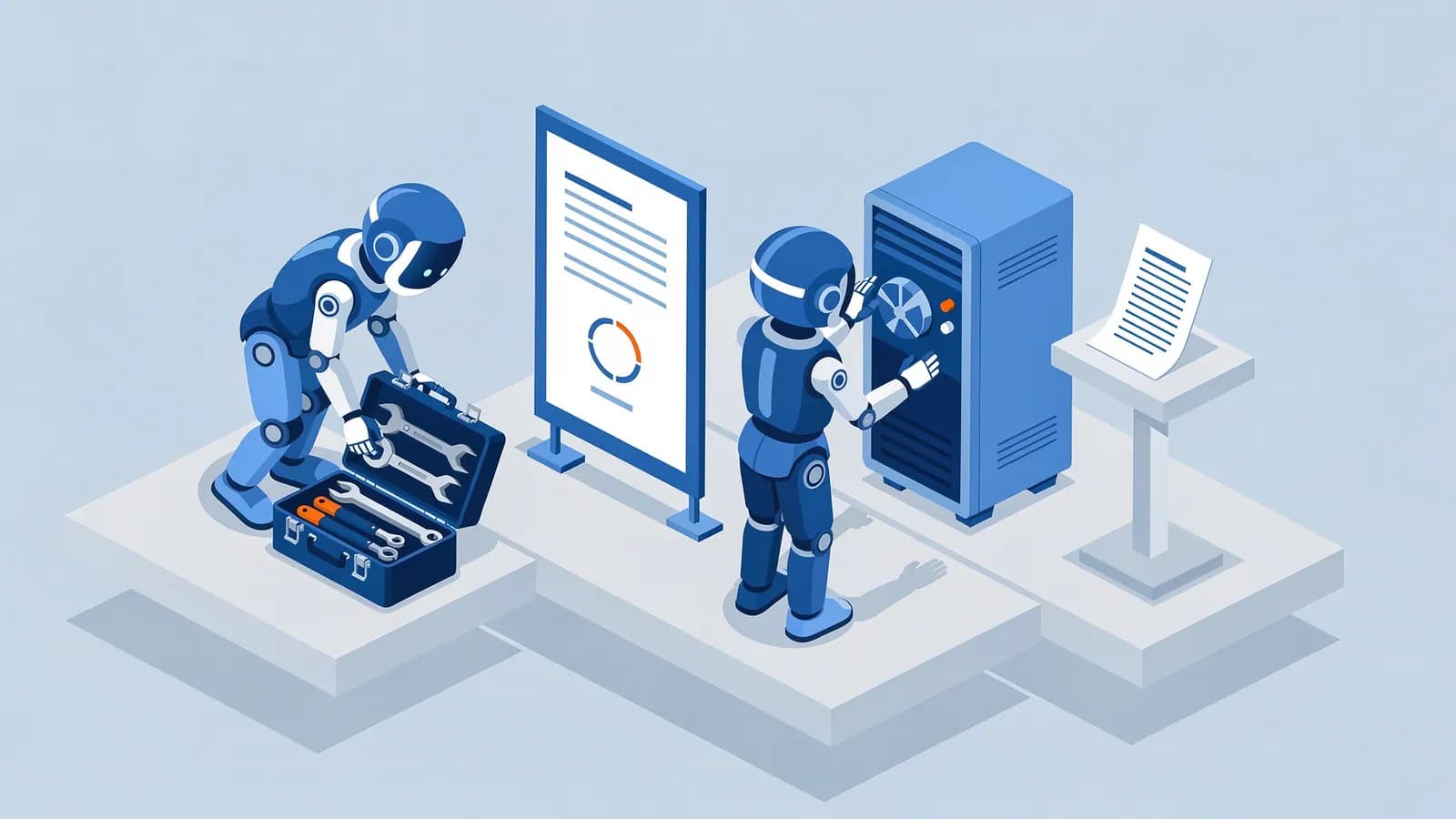 Two robots with tools and interacting with a server and data display, showing an AI SEO agent.