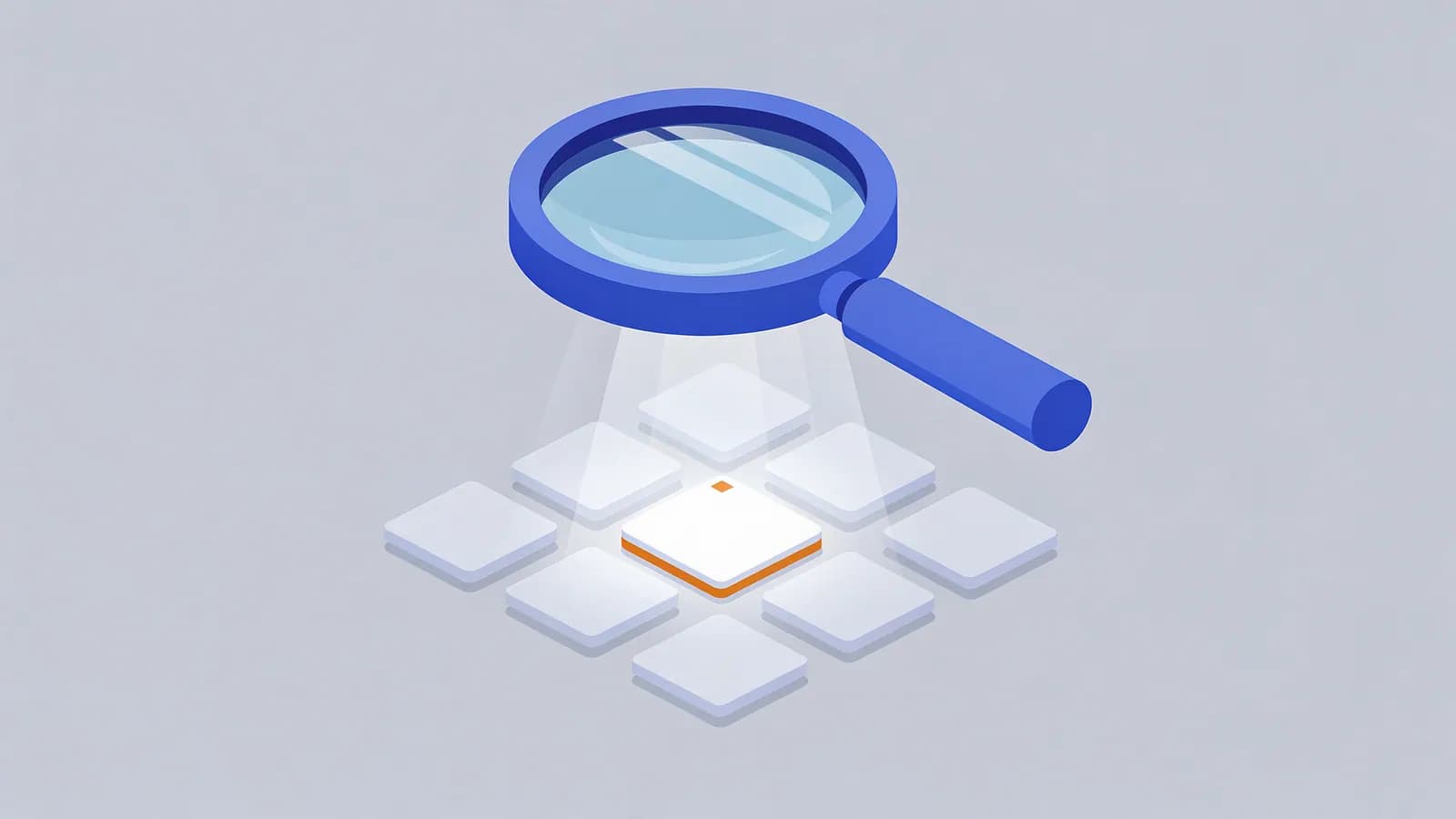 Magnifying glass illuminates one orange-bordered square within a grid, representing AI visibility.