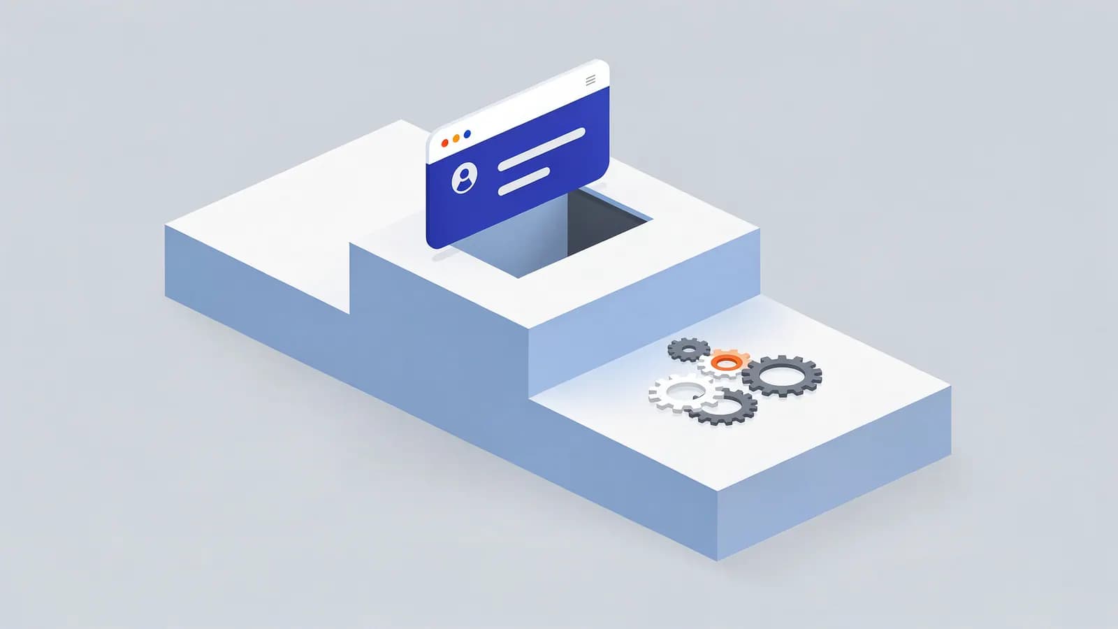 A user profile window sinking into a hole in a platform with scattered gears, illustrating an algorithmic penalty.