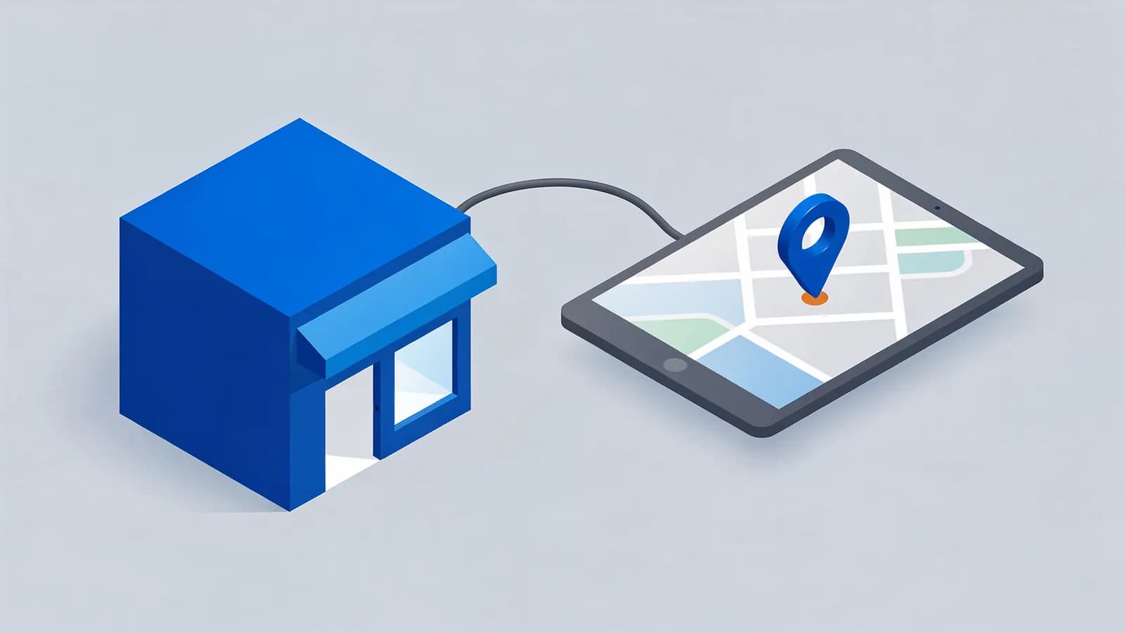 An isometric store connected to a tablet showing a map with a location pin, illustrating Apple Business Connect.