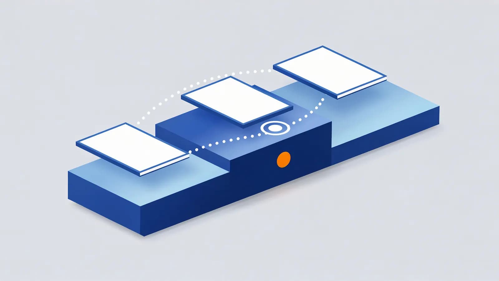 Three floating white cards sit above a tiered platform, with the center one outlined, showing average position.