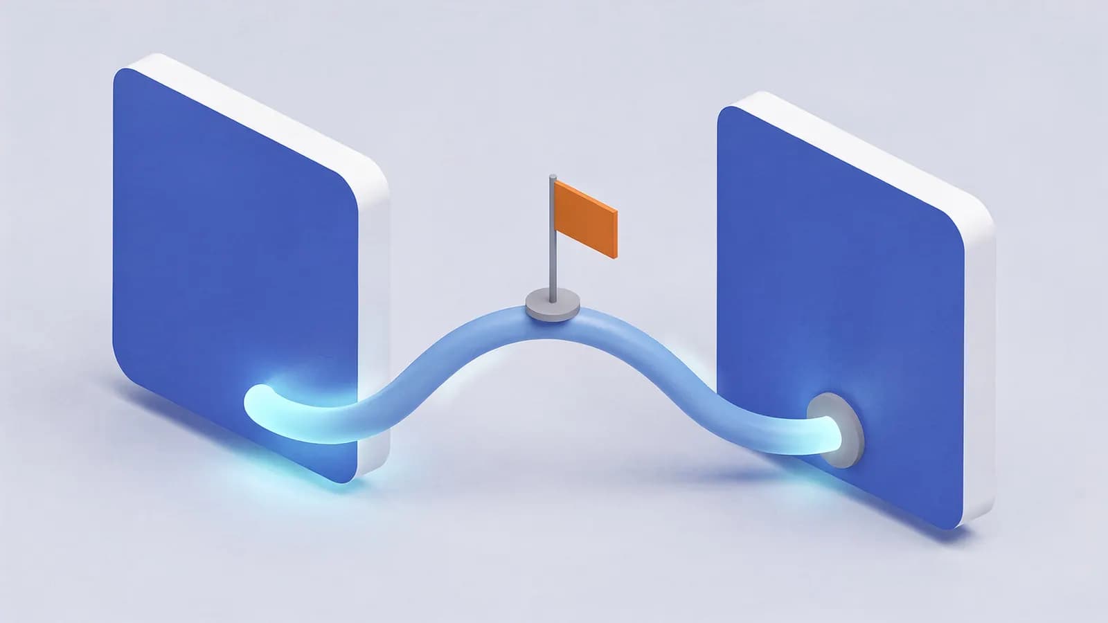 Glowing path connecting two platforms with a flag marker, illustrating a backlink.
