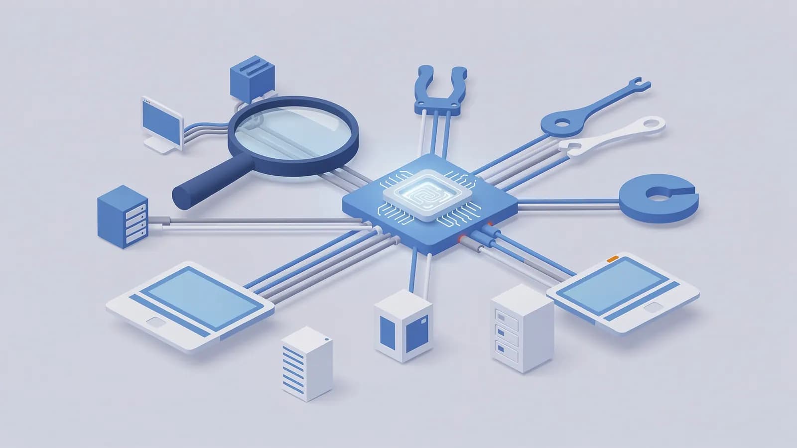 A central processing unit connects to a magnifying glass, wrenches, tablets, and servers, illustrating Bing SEO optimization.
