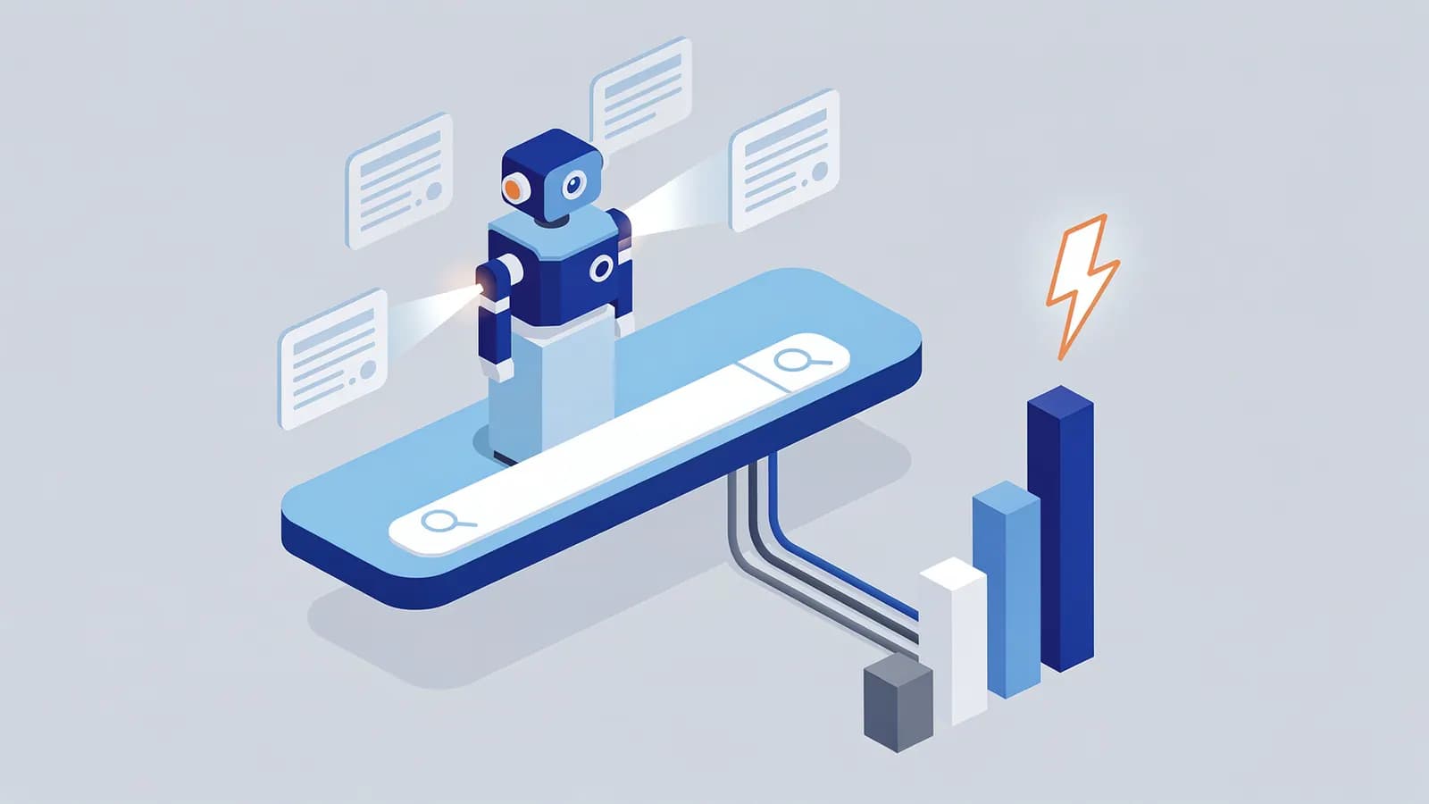 A robot automates data flow from a search bar to a chart with a lightning bolt, depicting Bing Webmaster Tools.