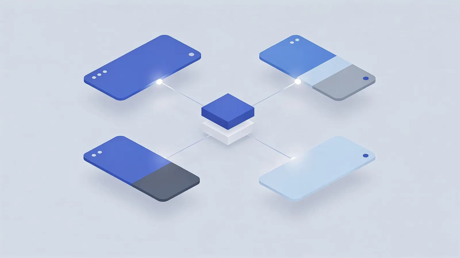 Stacked cubes representing a brand, linked by glowing lines to four different platforms, illustrating brand mentions.