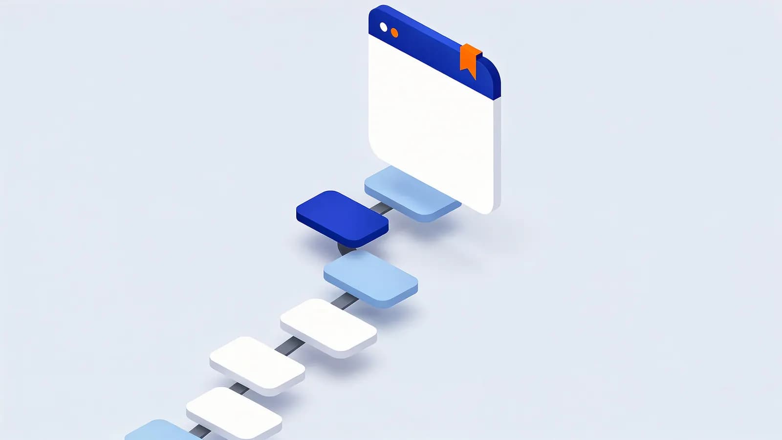 Connected rectangular steps leading up to a browser window with a bookmark, depicting Breadcrumbs navigation.
