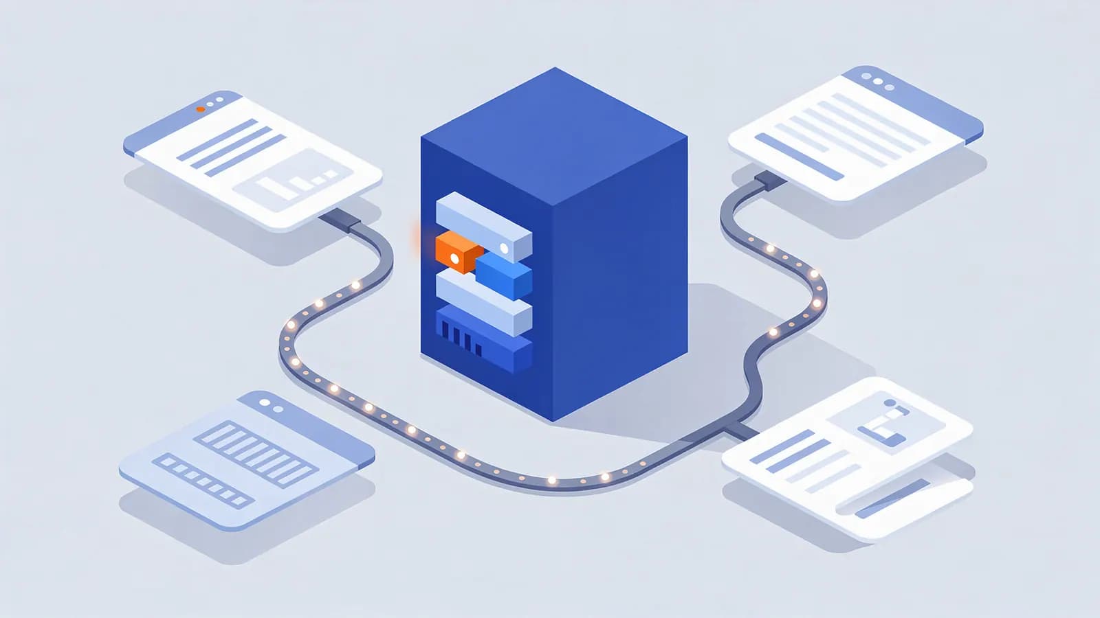 Glowing data streams from four user interfaces are sent to a central server, illustrating clickstream data collection.
