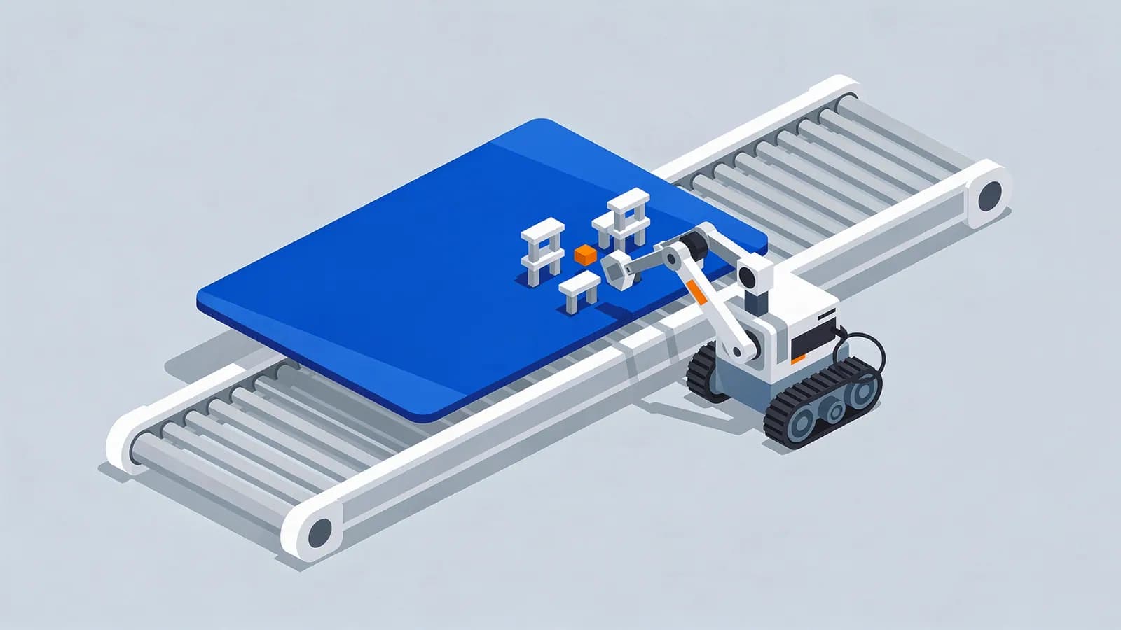 Robotic arm assembling components onto a large surface moving on a conveyor belt, illustrating client-side rendering.