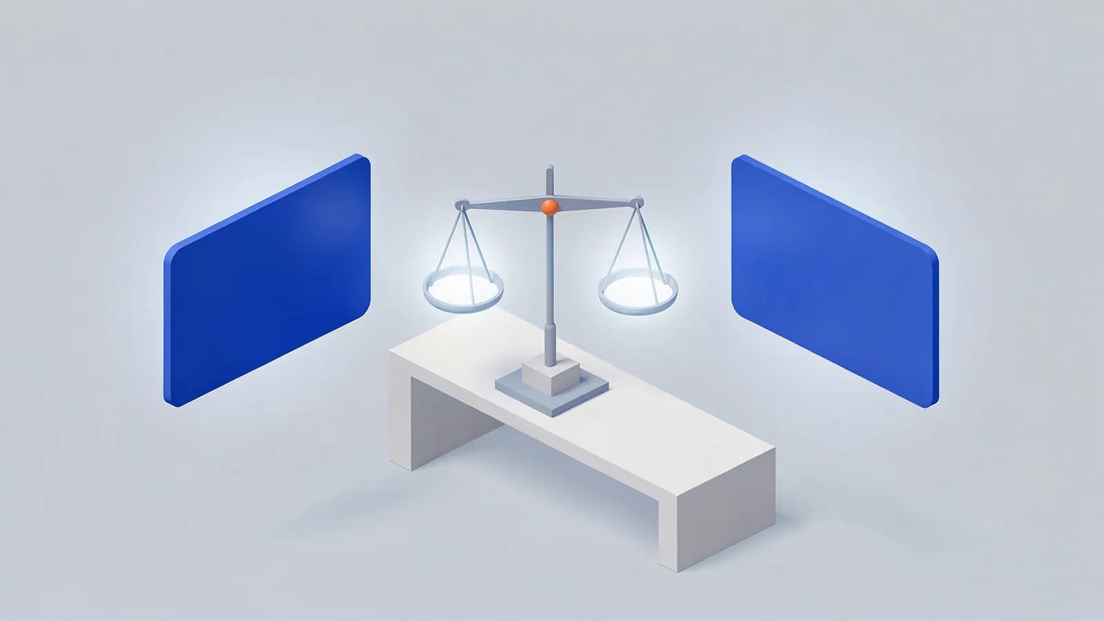 Balancing scales with glowing pans, positioned between two panels, symbolizing elements on comparison pages.