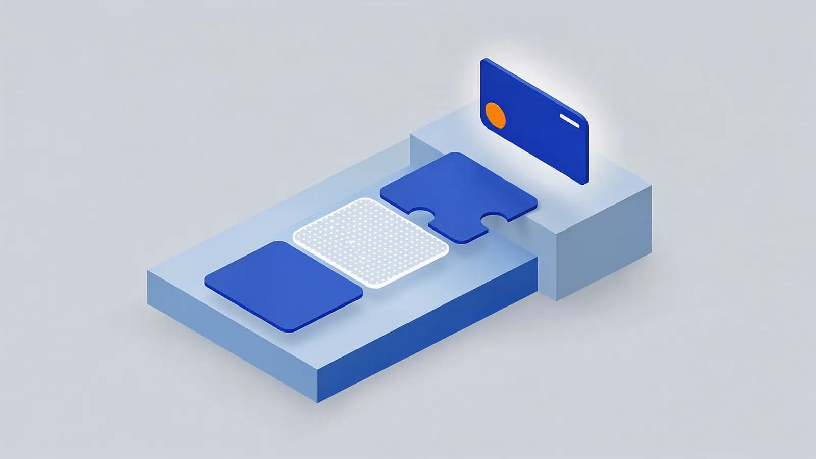 A white dotted puzzle piece representing a content gap between blue elements on a platform, leading to a glowing blue card.