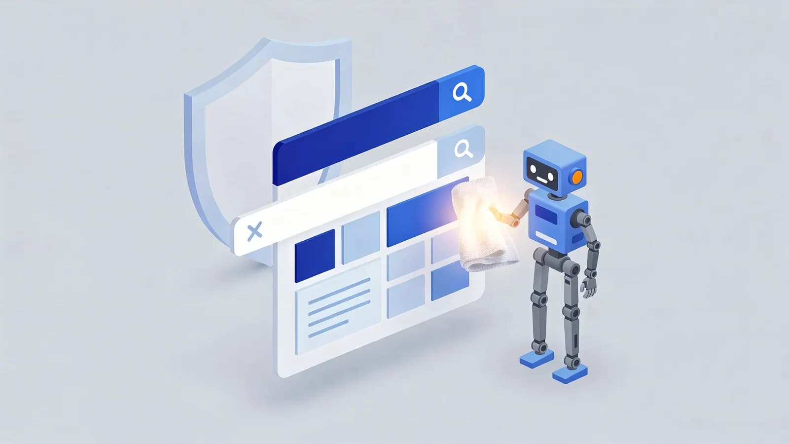 A robot polishes content in a browser window with a glowing cloth, protected by a shield, illustrating content optimization.