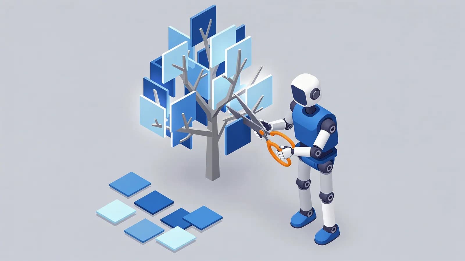 A robot uses scissors to cut square digital content blocks from a tree, symbolizing content pruning.
