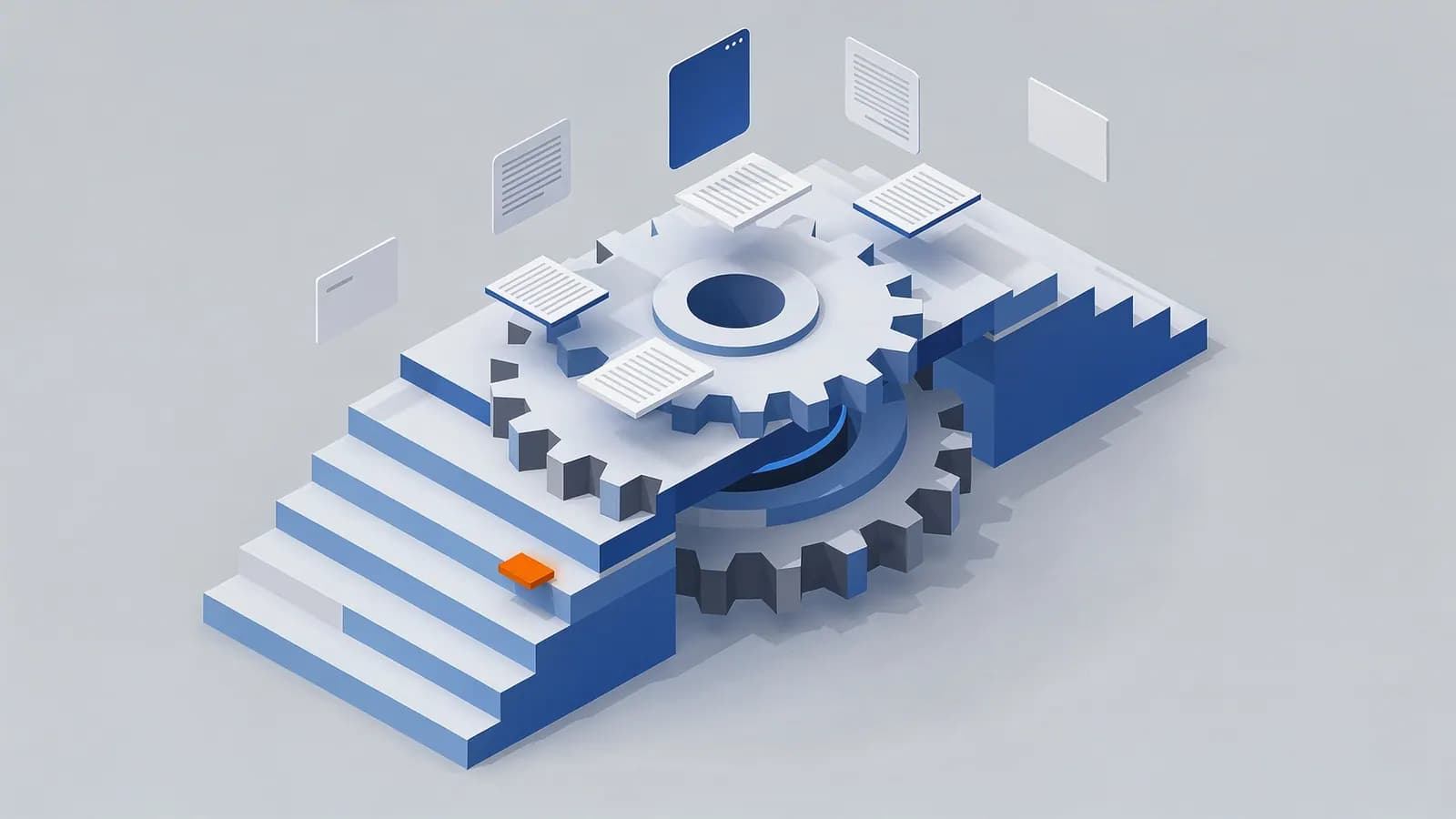 A system of interlocking gears, ascending steps, and documents processed, depicts a Google core update.