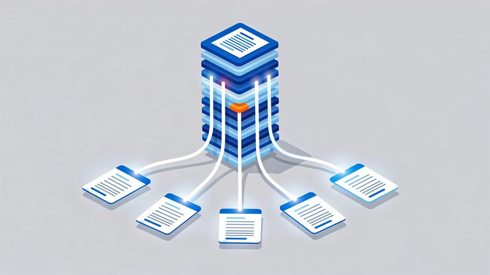 Central data stack distributing information via lines to multiple document icons, illustrating Digital PR.