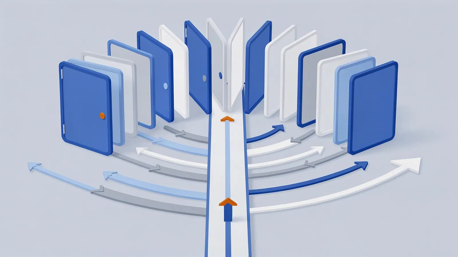 Multiple arrows branch from a main path toward many doors, illustrating the concept of Doorway pages.