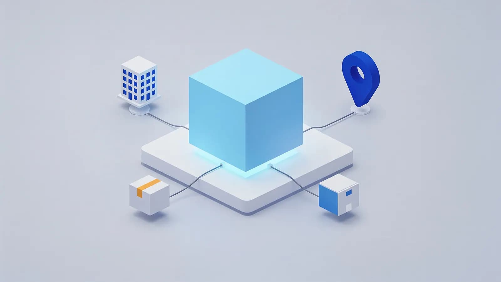 A central glowing cube connects to a building, a location pin, and two packages, showing entity relationships.