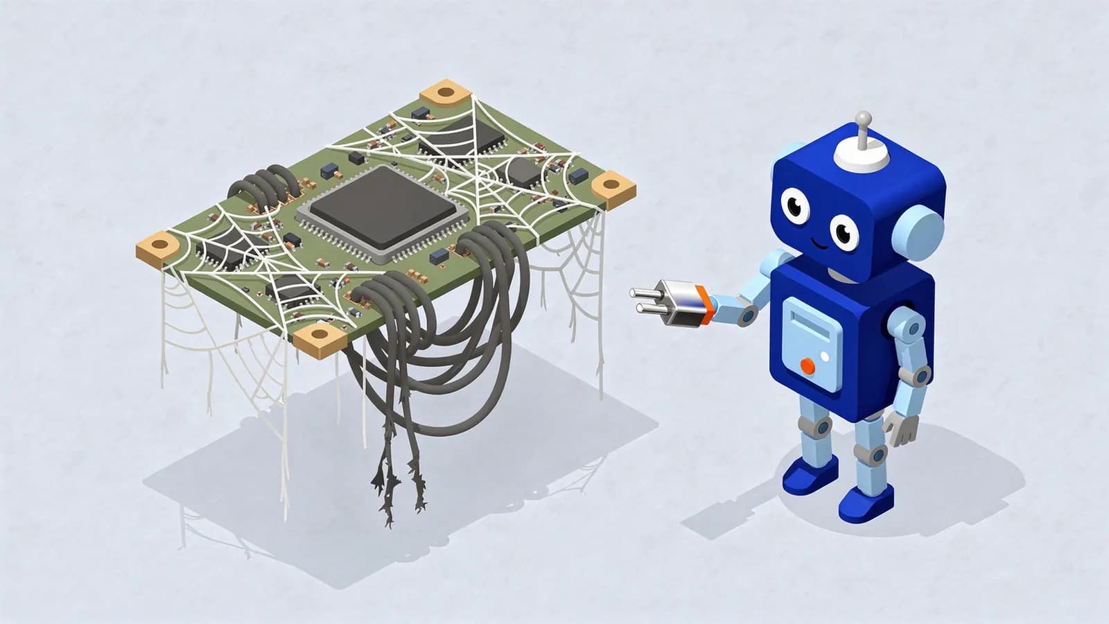 A spiderweb-covered circuit board with frayed wires represents an expired domain, approached by a robot holding a power plug.
