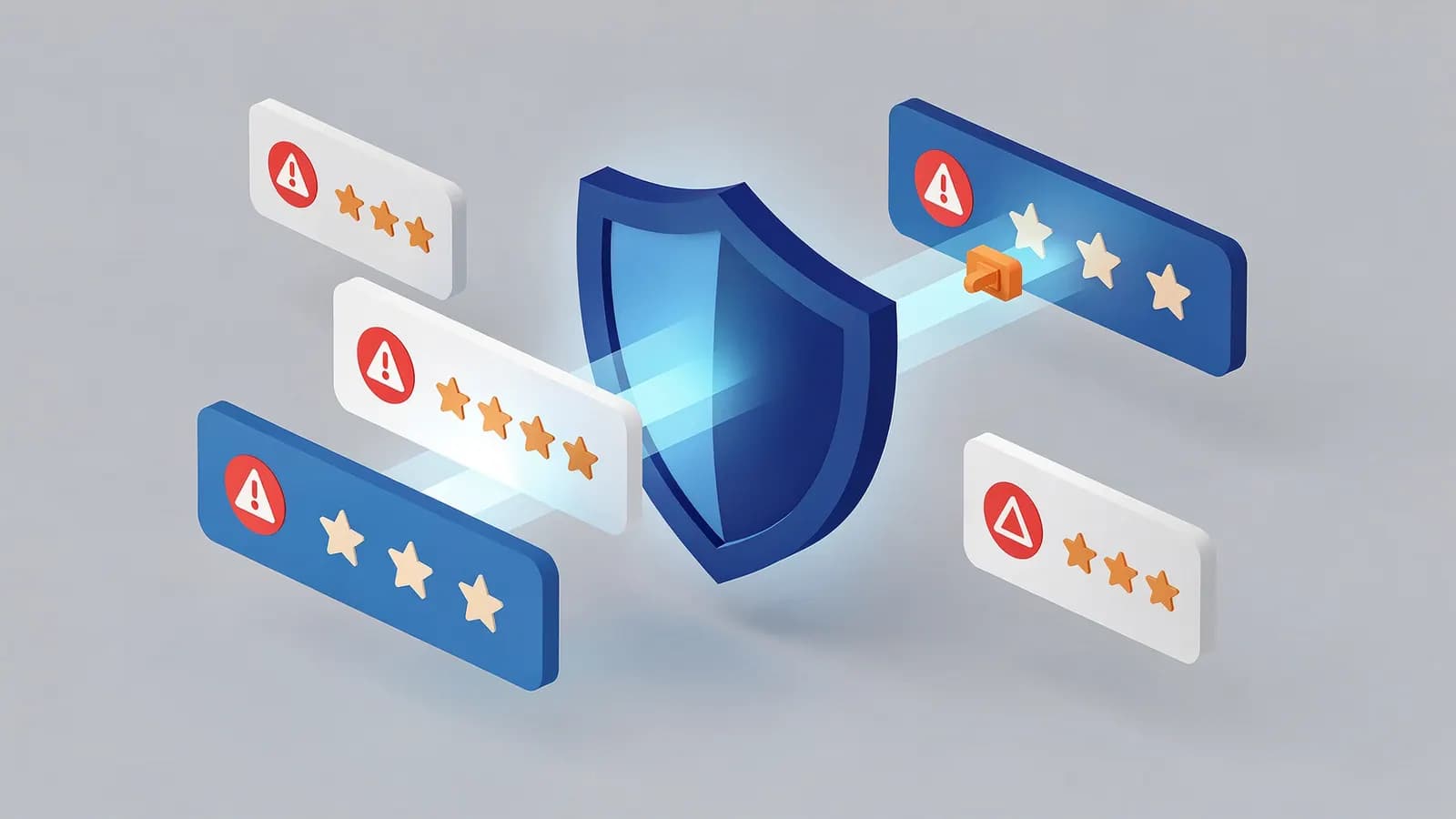 A shield with glowing light neutralizes problematic star ratings and alert symbols, depicting fake reviews.