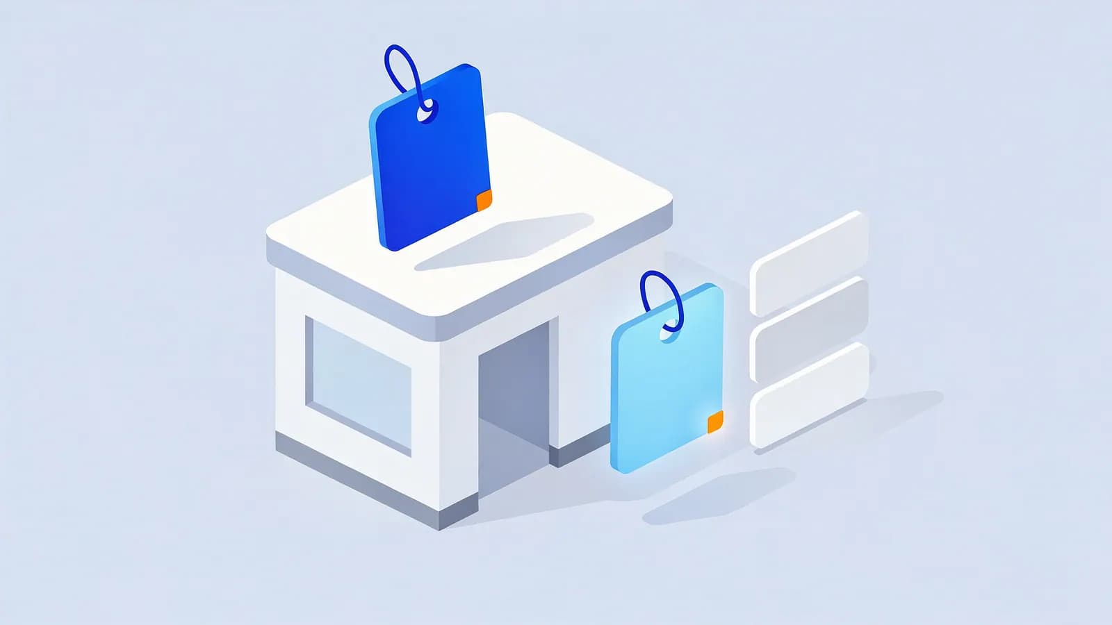 A counter has a tag on top and another hanging, with three options nearby, showing Google Business Profile categories.