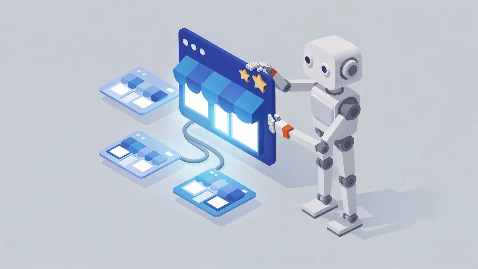 Robot optimizing a digital storefront with review stars and connected map listings, illustrating Google Maps SEO.