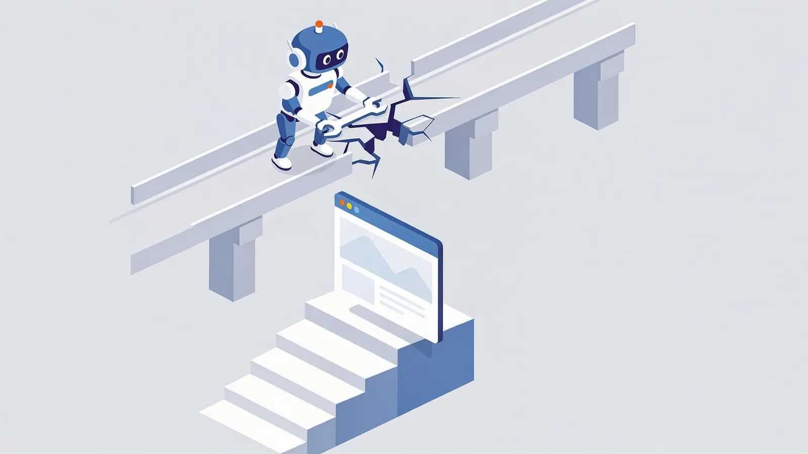 A robot fixes a cracked bridge leading to a website, illustrating Google penalty recovery.