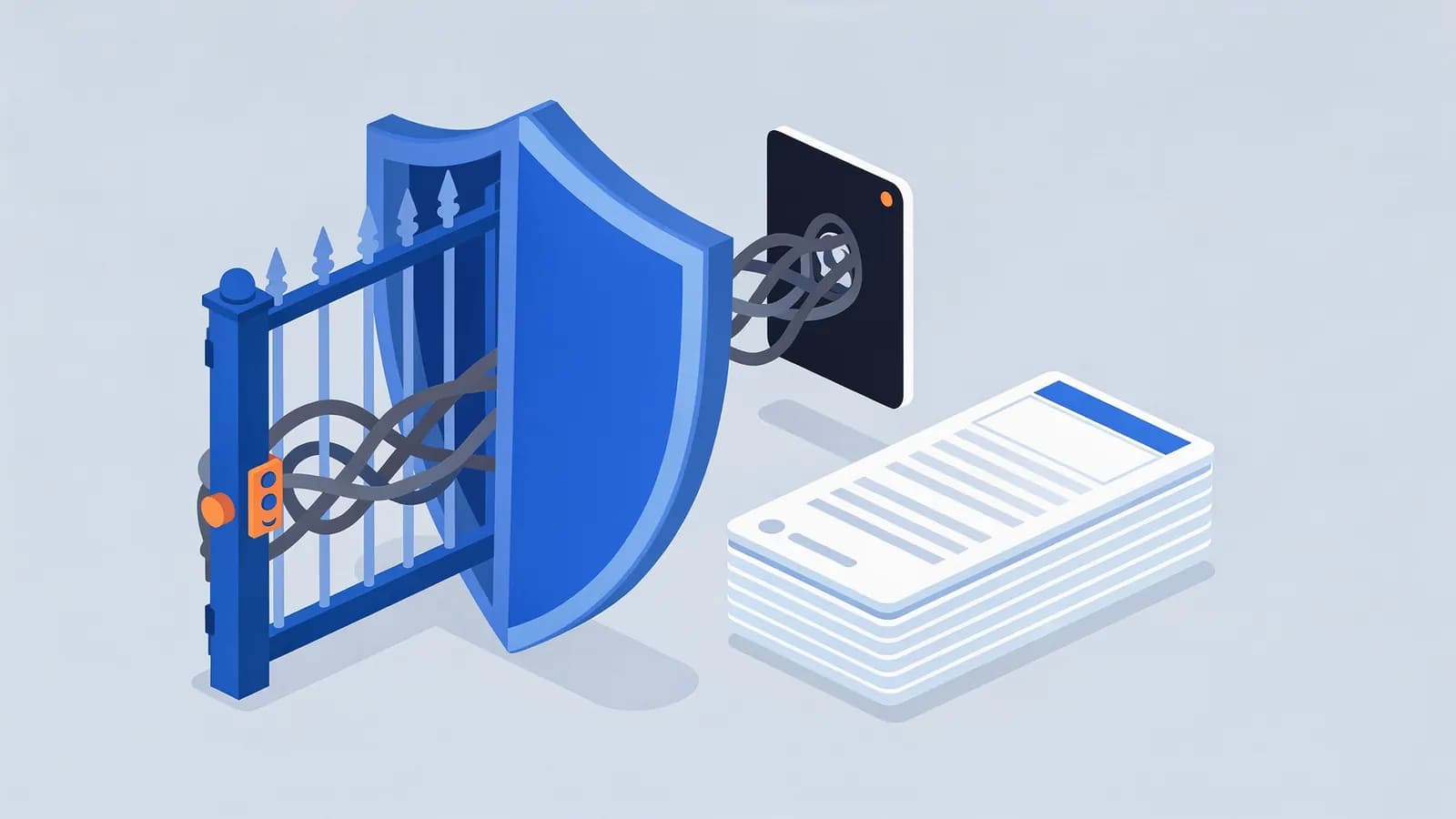 Tangled wires circumvent a security gate and shield to access a screen and documents, illustrating Google spam policies.