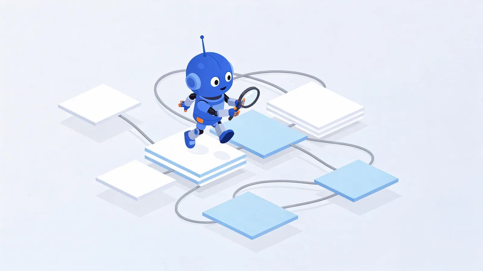 A blue robot with a magnifying glass steps across a network of linked platforms, illustrating Googlebot's web crawling.