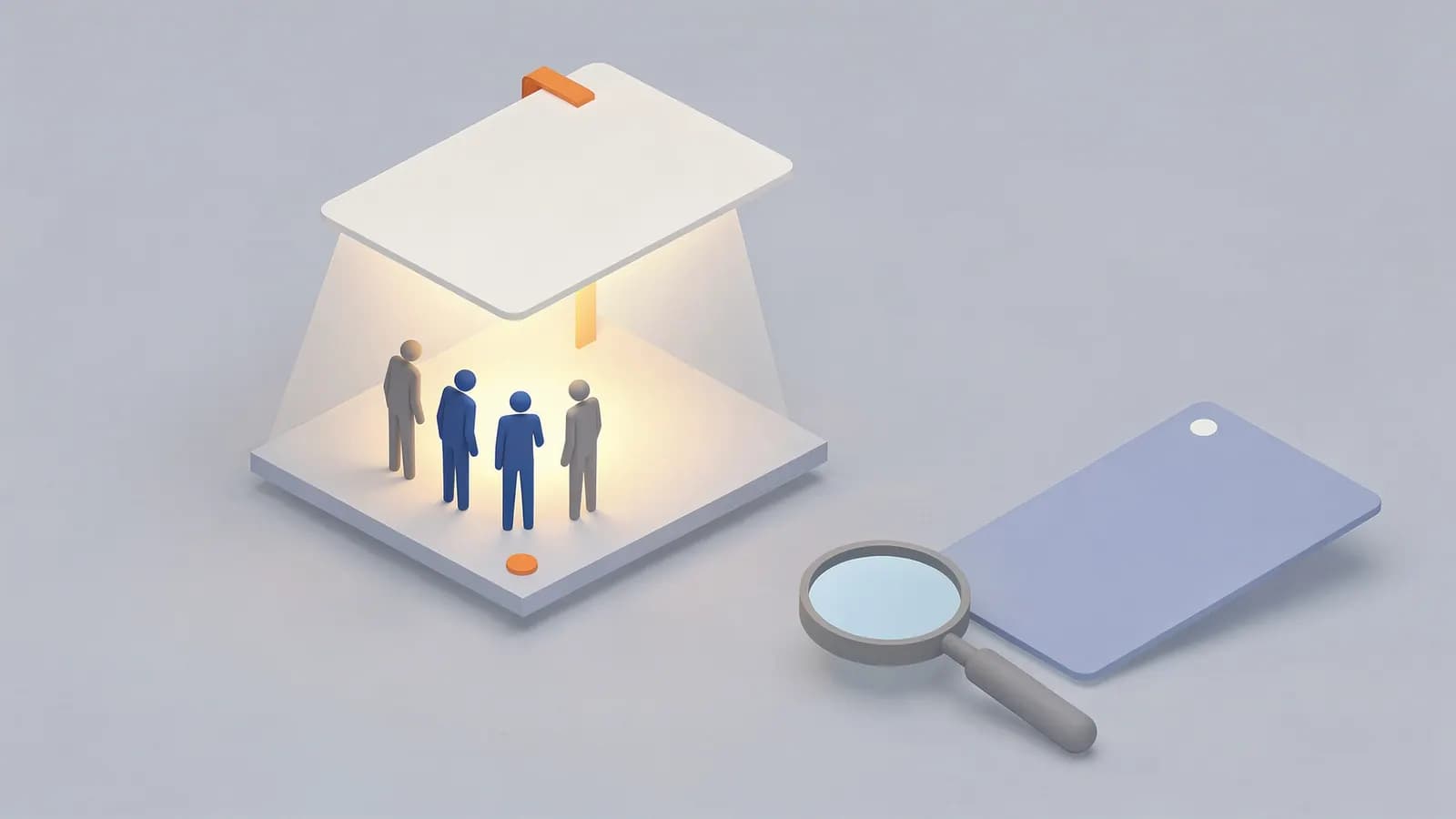 People under a spotlight from a screen, with a magnifying glass nearby, representing the search for helpful content.