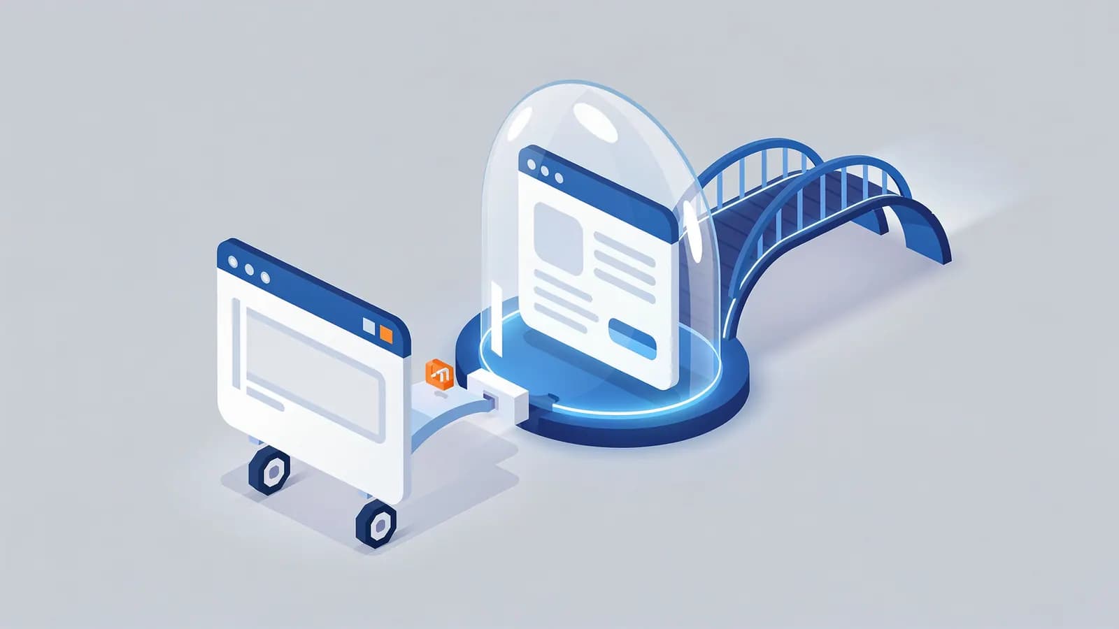 A browser on wheels connects to a webpage in a glowing dome, which is part of a secure bridge system for HSTS.