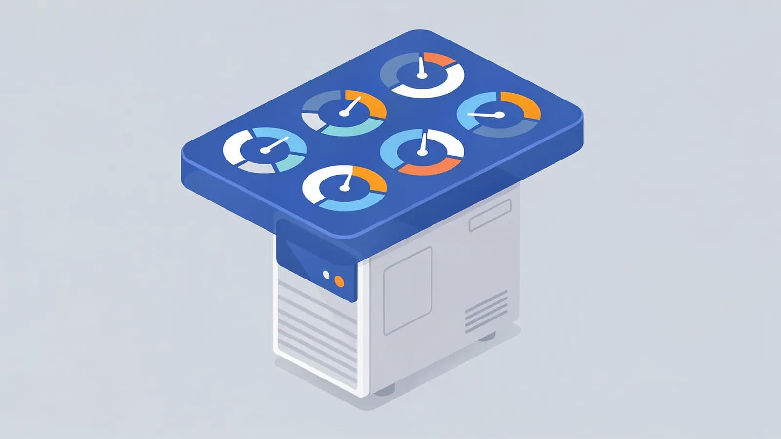 A server with a blue panel on top, featuring six circular gauges that monitor HTTP status codes.