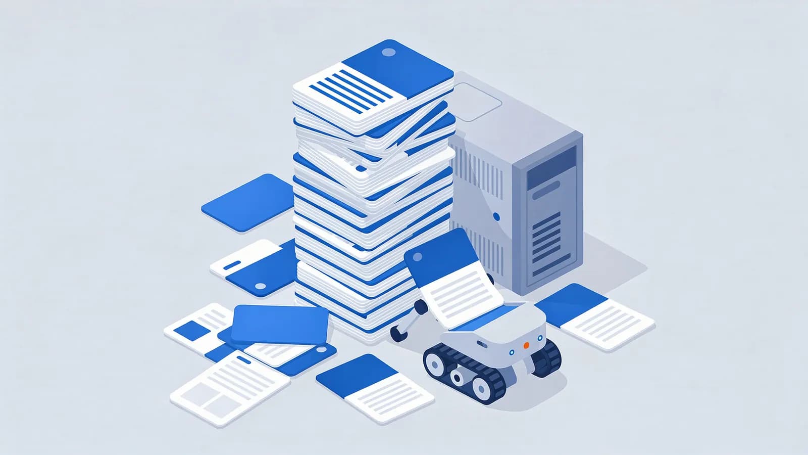 A robot contributes a document to a towering stack of digital pages next to a server, depicting index bloat.