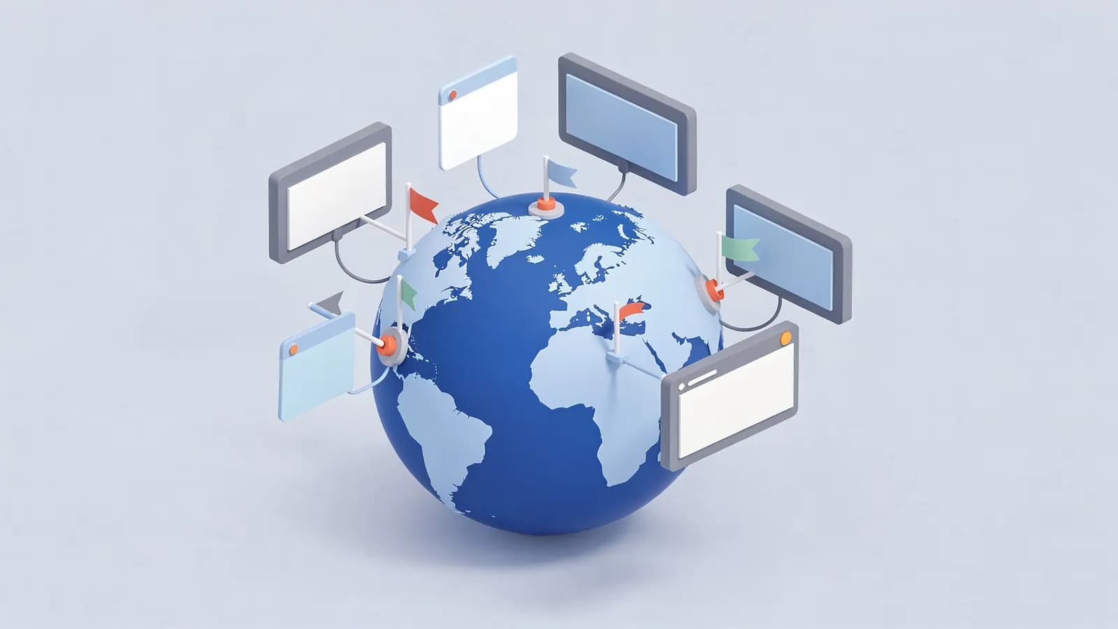 Globe with flags on various countries connected to several screens, illustrating International SEO.