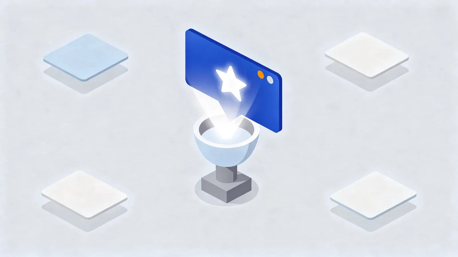 A glowing star from a browser window beams into a trophy, symbolizing key events amidst floating panels.