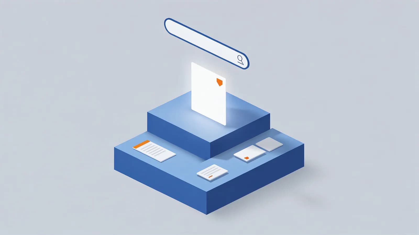 A search bar above a glowing document on a platform's top tier, with others below, showing keyword ranking.