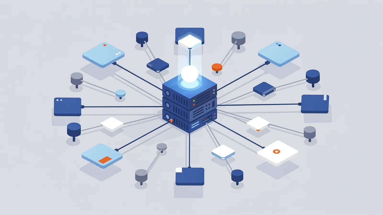 Central servers interconnected with numerous diverse data nodes and entities, visualizing a Knowledge Graph.