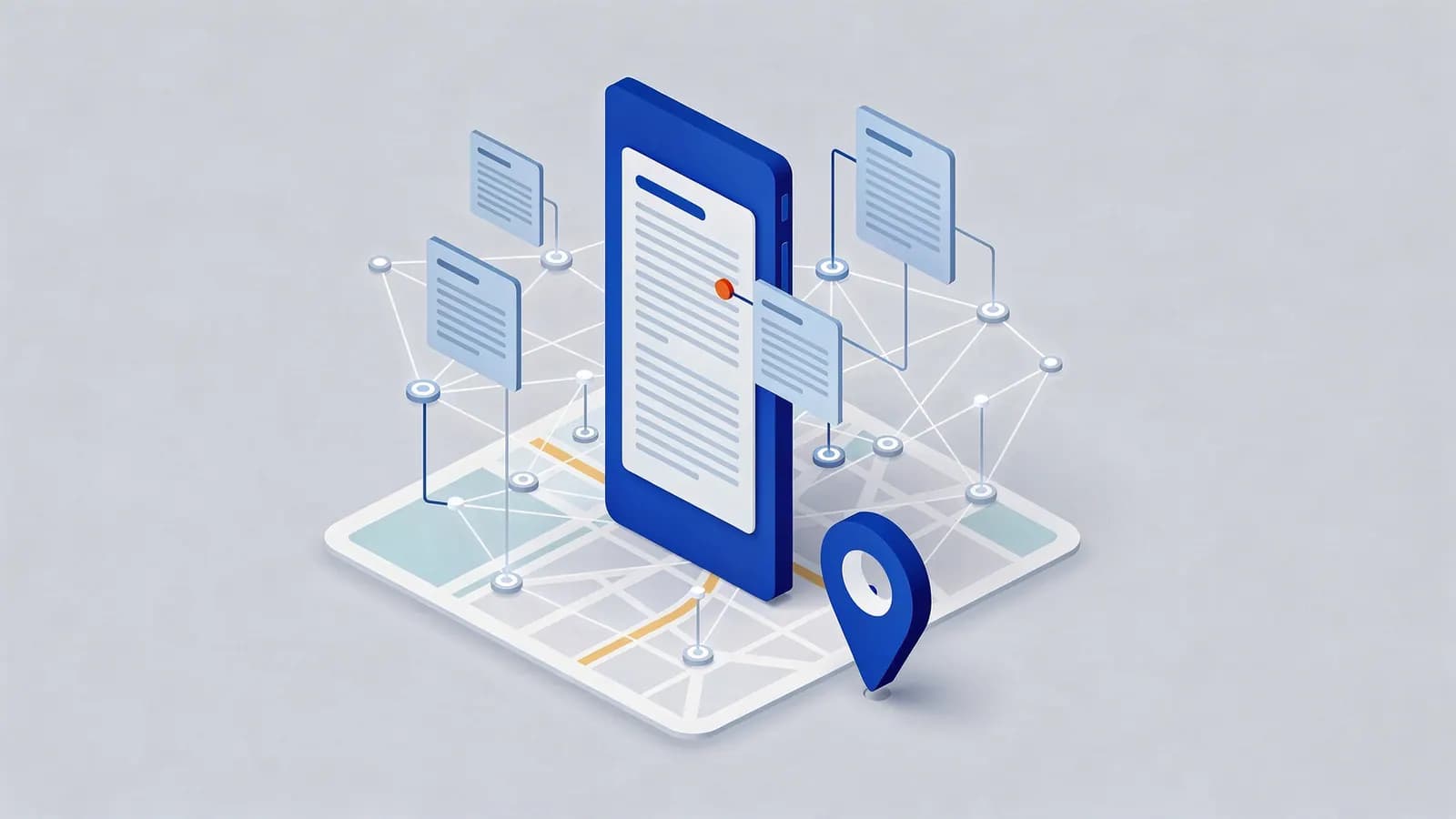 A smartphone displaying interconnected data on a map with a location pin, illustrating a Knowledge panel.
