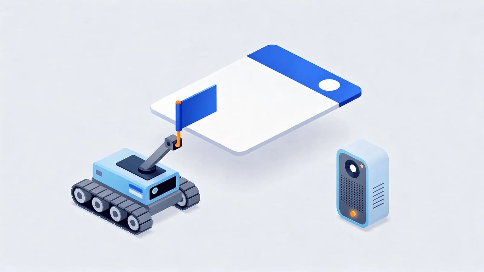 Robot using an arm to set a language flag onto a webpage, representing the Lang attribute.