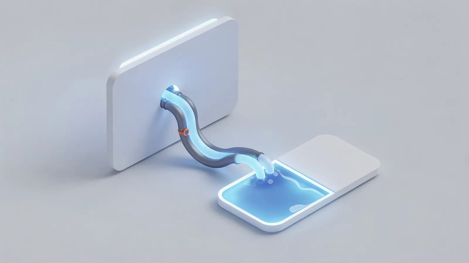 Glowing blue energy flows through a pipe from a source to a flat receiver, showing the transfer of link equity.
