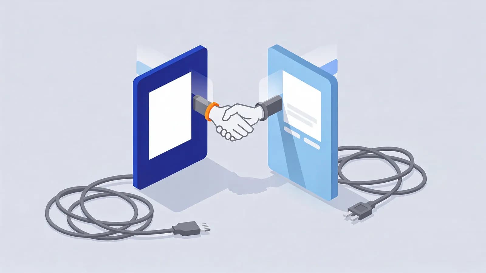 Two digital interfaces with hands shaking, each having a coiled cable at its base, depicting link exchanges.