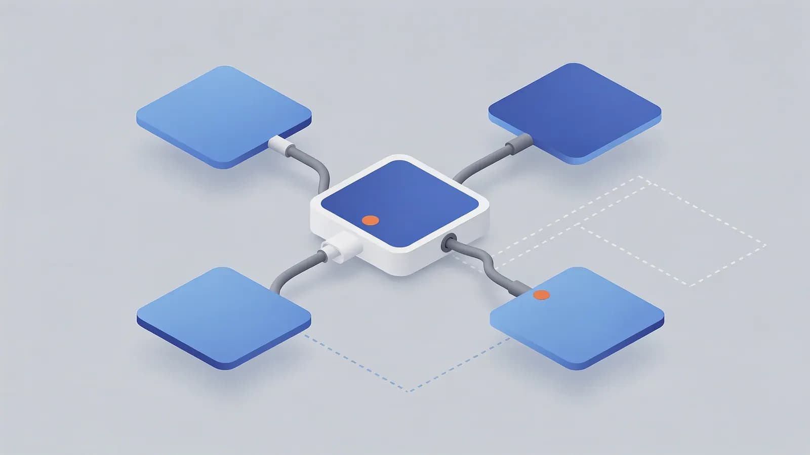 A central hub connects to four platforms with dotted lines indicating shared connections, illustrating link intersect.