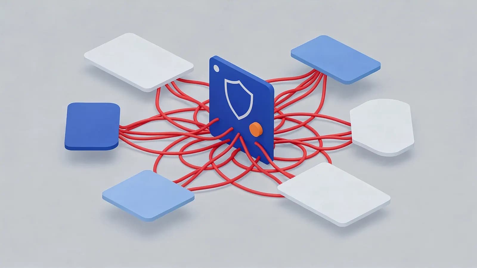 A central shield icon connected by numerous tangled red wires to various floating shapes, illustrating link schemes.