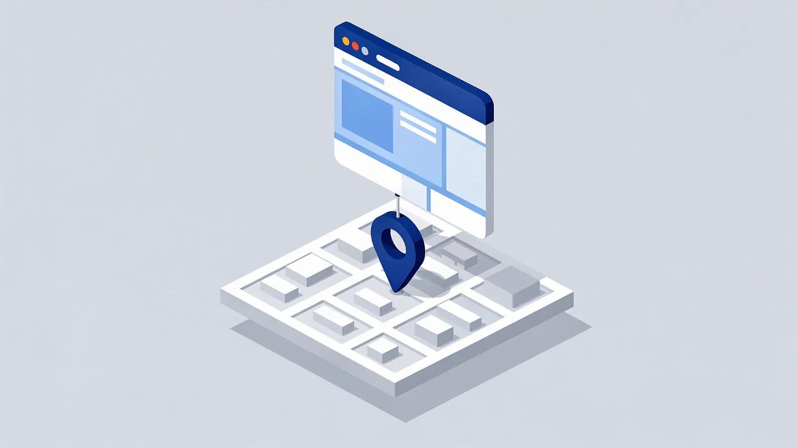 Web browser connected to a location pin on an isometric map illustrates local landing pages.