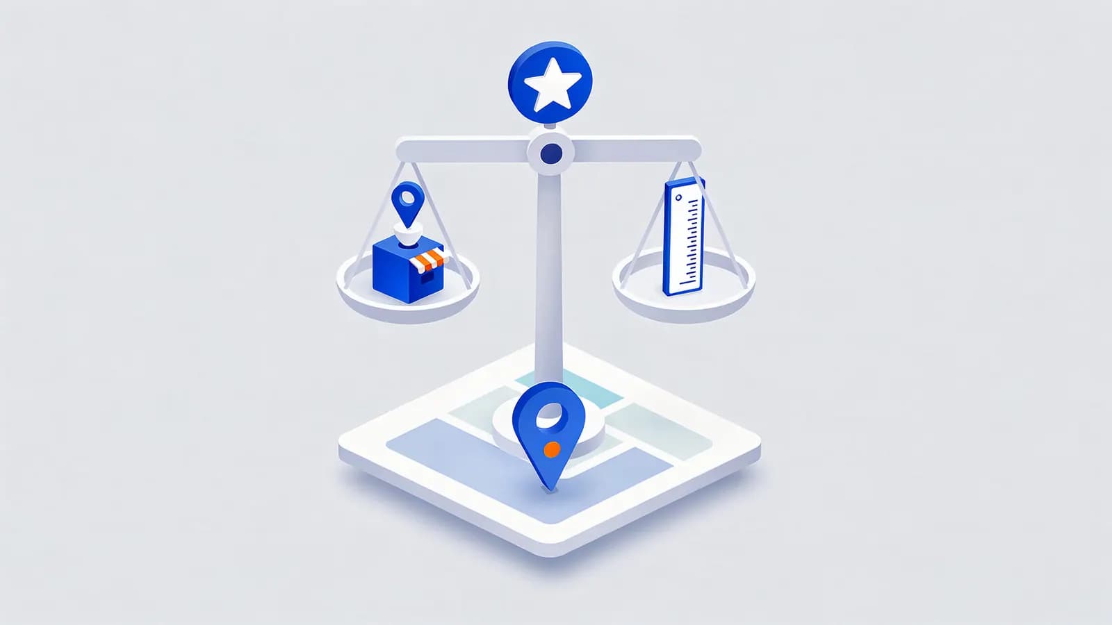 Scale balancing a store location and a data chart over a map with a large pin, representing local ranking factors.