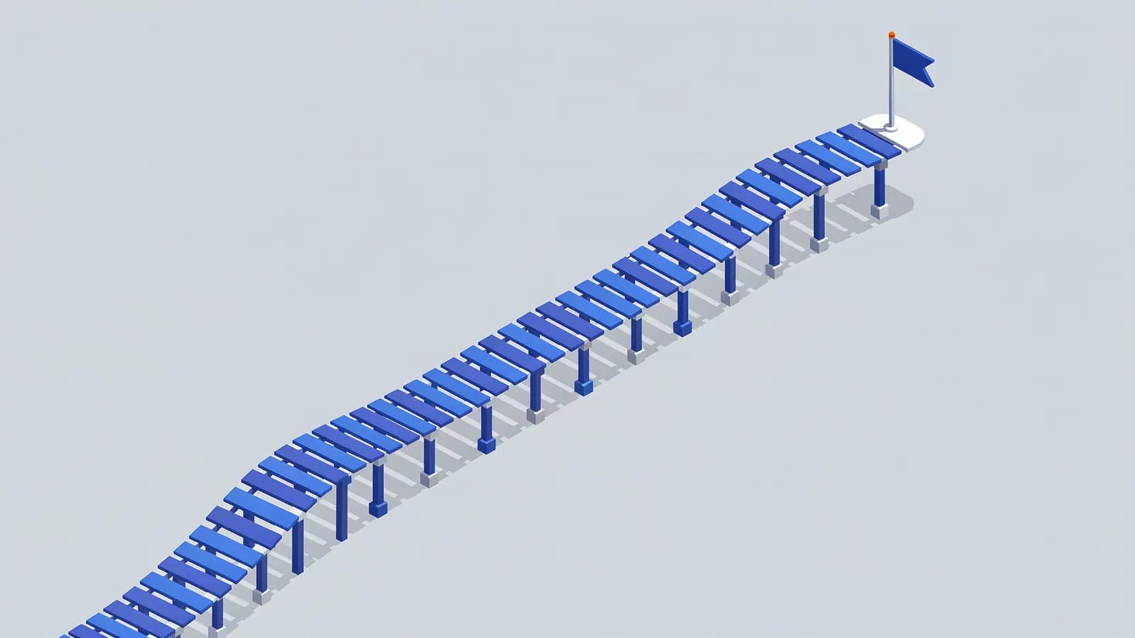 A long, winding path with many segments leads to a flag on a small platform, illustrating long-tail keywords.