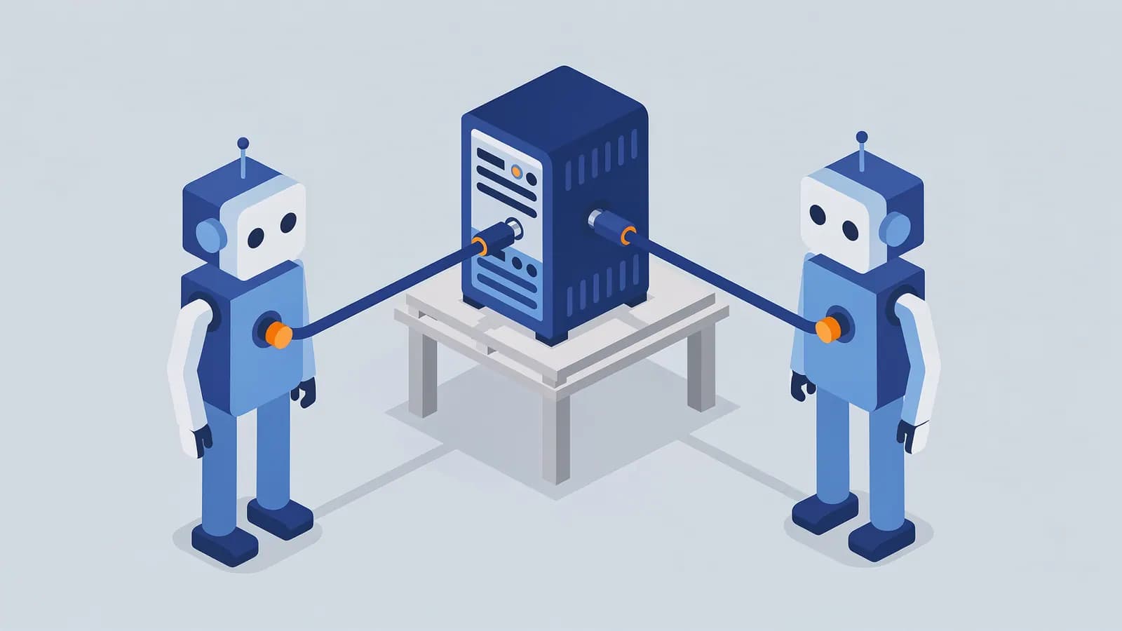 Two robots connected to a data server via cables, representing the Model Context Protocol concept.