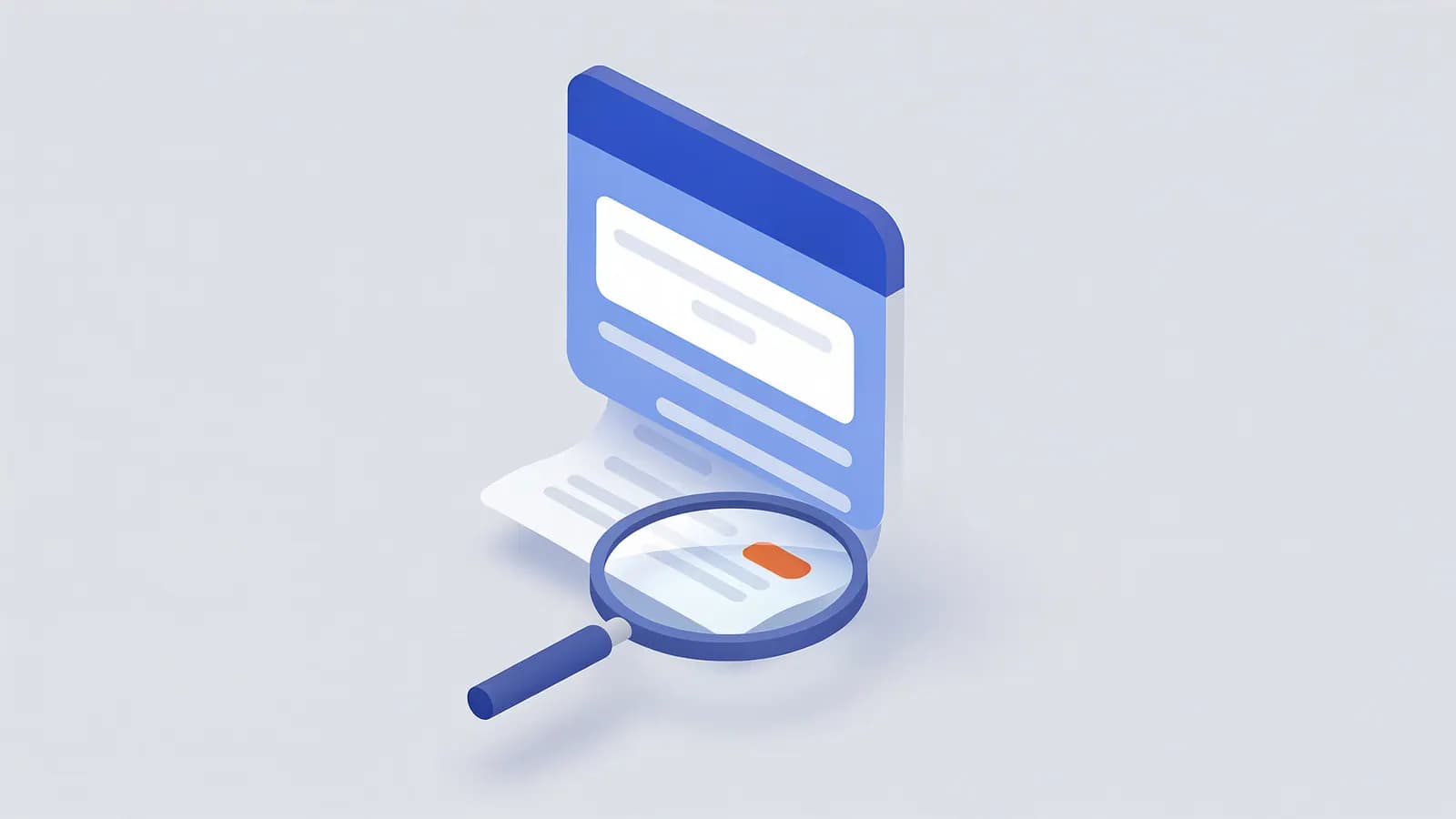 Magnifying glass inspecting a scrolling web page, highlighting a key text section as a meta description.