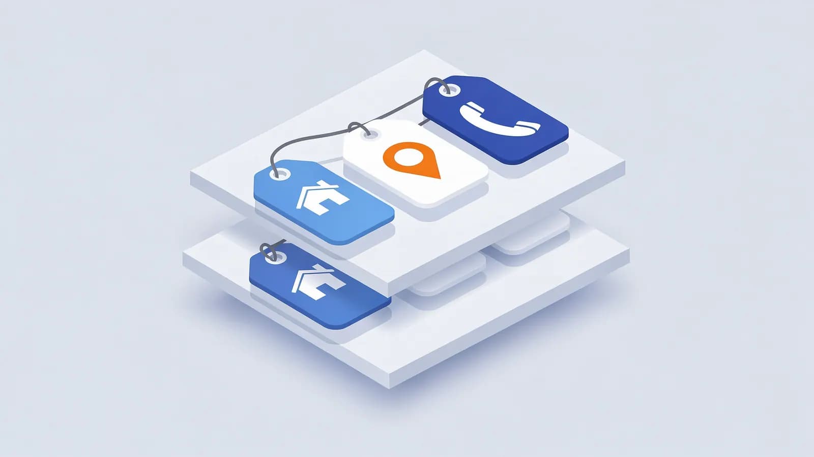 Three interconnected tags with house, location, and phone icons on stacked platforms, illustrating the NAP concept.